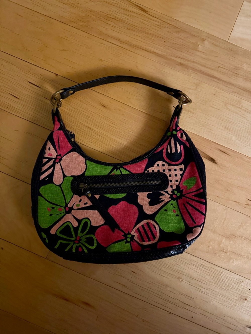 Floral Print Crescent Shoulder Bag - Pink & Green